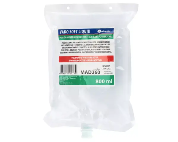 MERIDA VADO SOFT bezalkoholowy płyn do higienicznej dezynfekcji rąk i powierzchni, jednorazowy wkład 800 ml do dozownika MERIDA HARMONY AUTOMATIC MERIDA VADO SOFT bezalkoholowy płyn do higienicznej dezynfekcji rąk i powierzchni, jednorazowy wkład 800 ml do dozownika MERIDA HARMONY AUTOMATIC