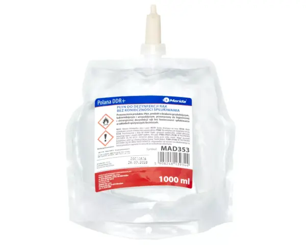 Płyn dezynfekcyjny MERIDA POLANA DDR+ do chirurgicznej i higienicznej dezynfekcji rąk jednorazowy wkład 1000 ml Dozownik płynu dezynfekcyjnego MERIDA TOP za 1 zł netto przy zakupie 6 wkładów z płynem MERIDA POLANA DDR+