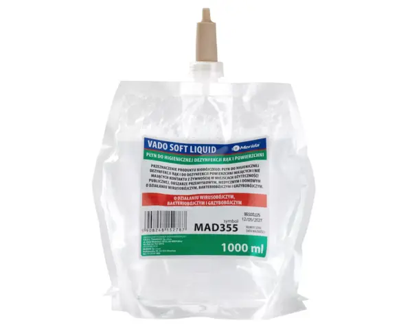 MERIDA VADO SOFT bezalkoholowy płyn do higienicznej dezynfekcji rąk i powierzchni, jednorazowy wkład 1000 ml Bezalkoholowy płyn dezynfekujący do rąk i powierzchni wkład 1000 ml
