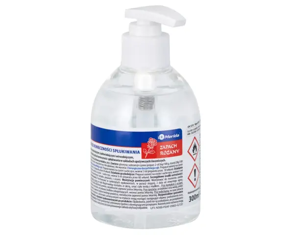 Płyn dezynfekcyjny o zapachu róży MERIDA POLANA DDR+ do chirurgicznej i higienicznej dezynfekcji rąk, butelka 300 ml z pompką Płyn dezynfekcyjny o zapachu róży MERIDA POLANA DDR+ do chirurgicznej i higienicznej dezynfekcji rąk, butelka 300 ml z pompką
