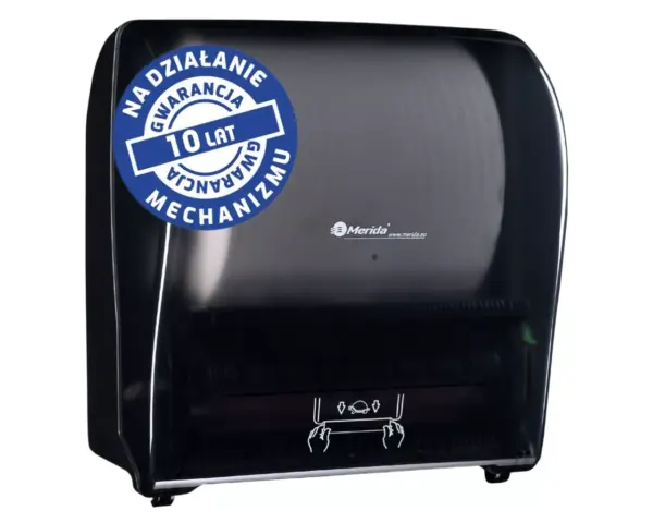 Mechaniczny podajnik ręczników papierowych w rolach MERIDA SOLID CUT AUTOMATIC MAXI, tworzywo ABS, front transparentny ciemny - połysk, tył pełen ciemny - połysk Podajnik ręczników papierowych Merida Solid Cut Automatic Maxi, tworzywo ABS, ciemny połysk