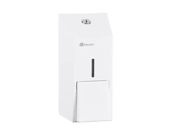 Dozownik mydła w płynie MERIDA STELLA WHITE LINE MINI, pojemność zbiornika 400 ml, biały Dozownik mydła MERIDA DSB105 biała strukturalna powłoka stalowy zamek bębenkowy
