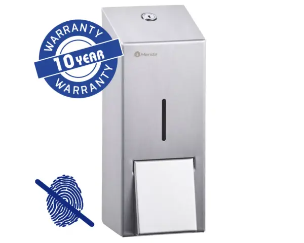 Dozownik mydła w płynie MERIDA STELLA Anti-FingerPrint MAXI, pojemność zbiornika 800 ml, stal matowa z powłoką AFP Dozownik mydła MERIDA STELLA MAXI stal AFP etykieta angielska