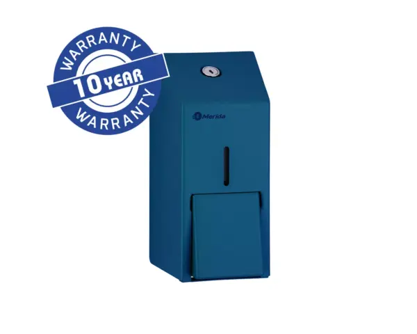 Dozownik mydła w płynie MERIDA STELLA BLUE LINE MINI, pojemność zbiornika 400 ml, niebieski Stalowy dozownik mydła Merida Stella Blue Line Mini z zamkiem