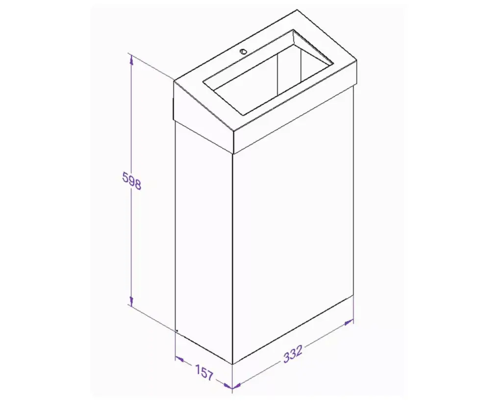 Rysunek izometryczny kosza na odpady MERIDA STELLA SLIM VIOLET LINE z wymiarami