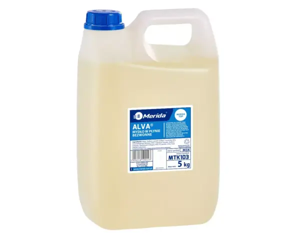 Specjalistyczne mydło w płynie dla przemysłu spożywczego MERIDA ALVA BEZWONNE słomkowe, kanister 5 kg, bez zapachu Mydło w płynie dla przemysłu spożywczego Merida Alva Bezwonne, kanister 5 kg