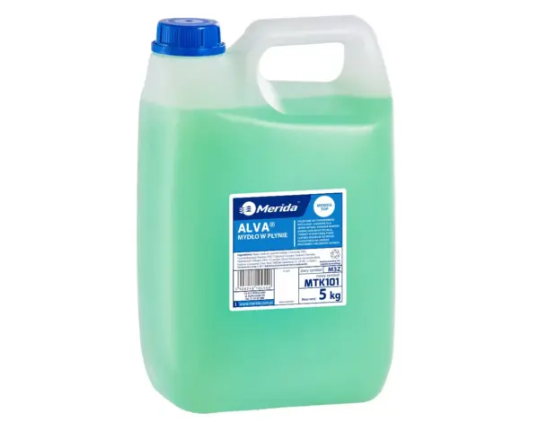 Mydło w płynie MERIDA ALVA zielone, kanister 5 kg, zapach cytrusowy Zielone mydło w płynie MERIDA ALVA cytrusowe kanister 5 kg