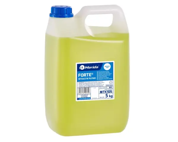 Specjalistyczne mydło w płynie MERIDA FORTE do mocno zabrudzonych rąk, jasnozielone, kanister 5 kg, zapach cytrusowy Jasnozielone mydło w płynie Merida Forte do rąk, kanister 5 kg