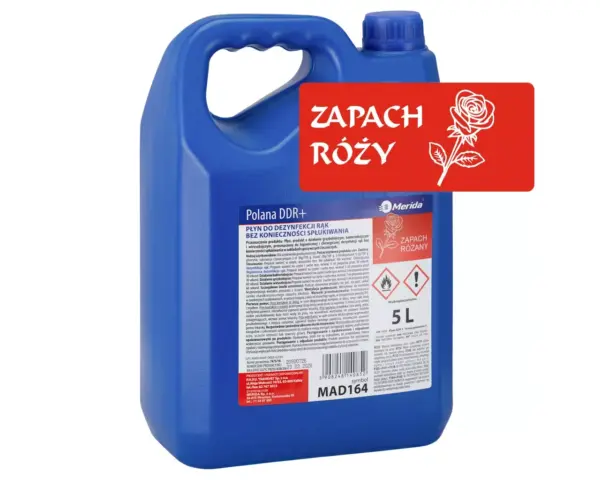 Płyn dezynfekcyjny o zapachu róży MERIDA POLANA DDR+ do chirurgicznej i higienicznej dezynfekcji rąk, kanister 5 l Płyn dezynfekcyjny o zapachu róży MERIDA POLANA DDR+ do chirurgicznej i higienicznej dezynfekcji rąk, kanister 5 l