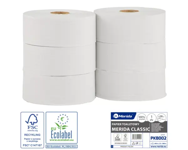 Papier toaletowy MERIDA CLASSIC , biały, średnica 28 cm, długość 480 m, jednowarstwowy, zgrzewka 6 szt., ECOLABEL Papier toaletowy Merida Classic biały jednowarstwowy zgrzewka 6 rolek