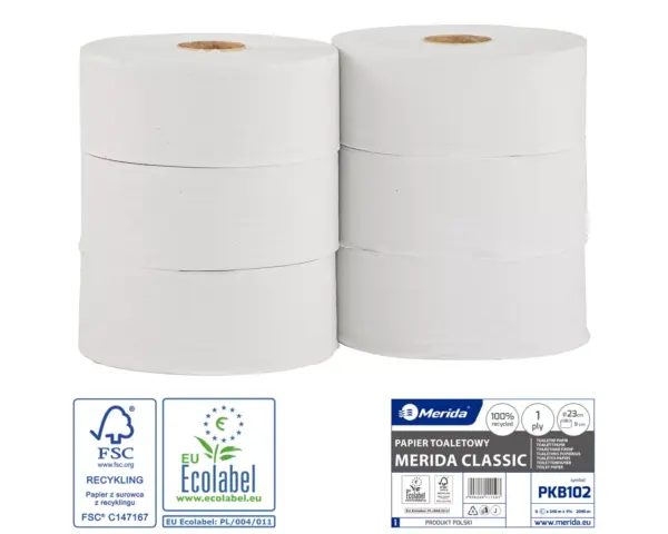 Papier toaletowy Merida Classic Ecolabel biały jednowarstwowy zgrzewka 6 rolek