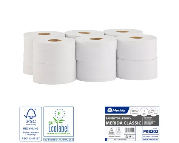 Papier toaletowy Merida Classic Ecolabel jednowarstwowy biały zgrzewka 12 rolek
