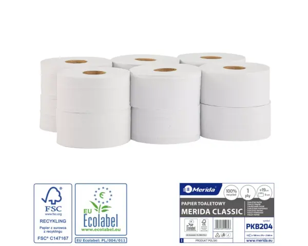Papier toaletowy, MERIDA CLASSIC ECOLABEL, jednowarstwowy, biały, średnica 19 cm, długość 180 m, zgrzewka 12 szt. Papier toaletowy Merida Classic Ecolabel jednowarstwowy biały 19 cm