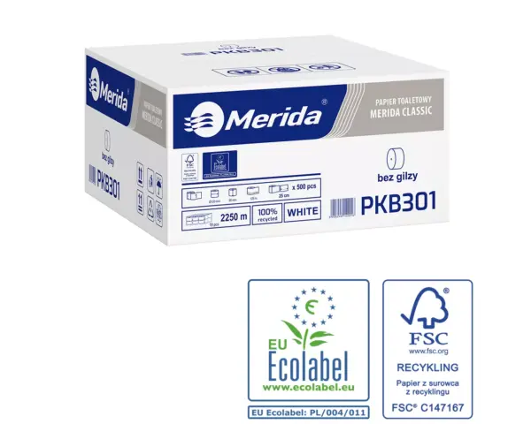 Papier toaletowy bez gilzy Merida Classic Ecolabel, biały, jednowarstwowy