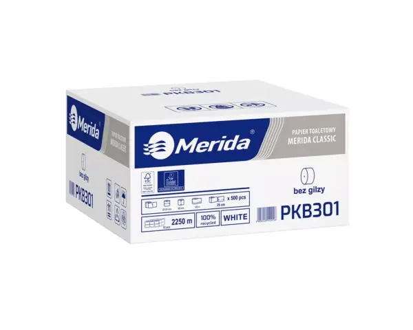 Papier toaletowy bez gilzy, MERIDA CLASSIC ECOLABEL, jednowarstwowy, biały, średnica 12 cm, długość 125 m, karton 18 rolek Rolka papieru toaletowego bez gilzy Merida Classic, średnica 12 cm