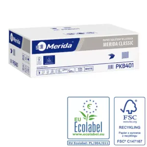 Papier toaletowy w listkach Merida Classic Ecolabel, biały, jednowarstwowy, karton 9000 szt.
