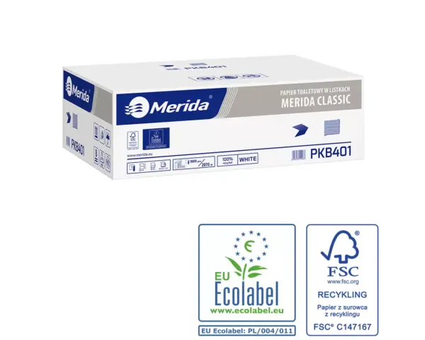 Pojemnik na papier toaletowy w listkach MERIDA ONE za 1 zł netto przy zakupie 2 kartonów papierów toaletowych MERIDA CLASSIC PKB401 (18 000 listków) Papier toaletowy w listkach Merida Classic Ecolabel, biały, jednowarstwowy, karton 9000 szt.
