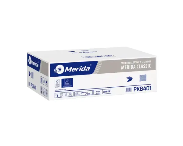 Papier toaletowy w listkach, MERIDA CLASSIC ECOLABEL, jednowarstwowy, biały, karton 9000 szt. Listki papieru toaletowego składane w V, białość 75%, z makulatury