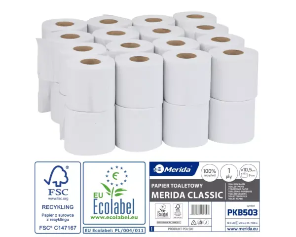 Papier toaletowy MERIDA CLASSIC, biały, średnica 11 cm, długość 50 m, jednowarstwowy, worek 32 szt., ECOLABEL Papier toaletowy Merida Classic PKB503 – 32 rolki jednowarstwowe, certyfikaty FSC i Ecolabel