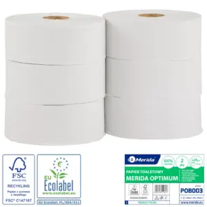 Papier toaletowy Merida Optimum, biały, gofrowany, 2-warstwowy; 340 m, Ø28 cm; zgrzewka 6 szt.; FSC C147167, EU Ecolabel