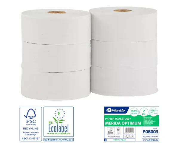 Papier toaletowy Merida Optimum, biały, gofrowany, 2-warstwowy; 340 m, Ø28 cm; zgrzewka 6 szt.; FSC C147167, EU Ecolabel
