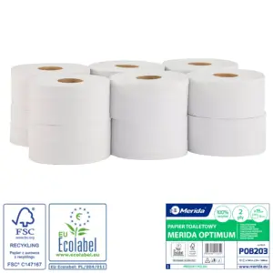 Papier toaletowy Merida Optimum POB203, biały, 140 m (Ø 19 cm), 2-warstwowy; zgrzewka 12 szt.