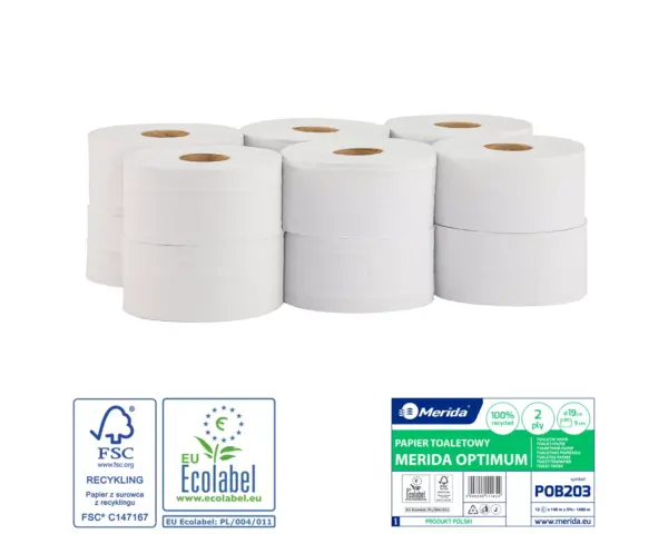 Papier toaletowy Merida Optimum POB203, biały, 140 m (Ø 19 cm), 2-warstwowy; zgrzewka 12 szt.