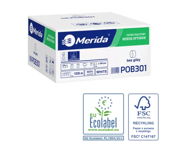 Papier toaletowy bez gilzy Merida Optimum Ecolabel, biały, dwuwarstwowy