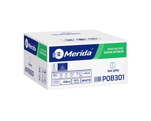 Papier toaletowy bez gilzy, MERIDA OPTIMUM ECOLABEL, dwuwarstwowy, biały, średnica 12 cm, długość 85 m, karton 18 rolek Rolka papieru toaletowego bez gilzy, średnica 12 cm, długość 85 m