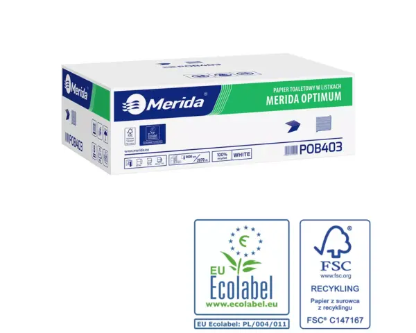 Pojemnik na papier toaletowy w listkach MERIDA HARMONY za 1 zł netto przy zakupie 2 kartonów papierów toaletowych MERIDA OPTIMUM POB403 (18 000 listków) Papier toaletowy w listkach Merida Optimum Ecolabel, dwuwarstwowy, biały