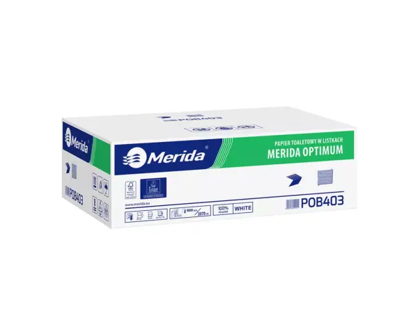 Papier toaletowy w listkach, MERIDA OPTIMUM ECOLABEL, dwuwarstwowy, biały, karton 9000 szt. Karton 9000 listków papieru toaletowego Merida Optimum, z makulatury