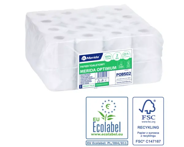 Papier toaletowy MERIDA OPTIMUM, biały, średnica 11 cm, długość 50 m, dwuwarstwowy, worek 32 szt., ECOLABEL Ekologiczny papier toaletowy Merida Optimum biały 32 rolki – certyfikowany FSC i Ecolabel