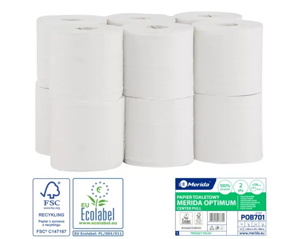 Papier toaletowy MERIDA OPTIMUM, biały, średnica 14 cm, długość 80 m, dwuwarstwowy, zgrzewka 12 szt., ECOLABEL Merida Optimum POB701 – biały papier toaletowy 2-warstwowy, gofrowany; 80 m, Ø 14 cm, perforacja 20 cm; zgrzewka 12 szt., tuleja 4 cm.