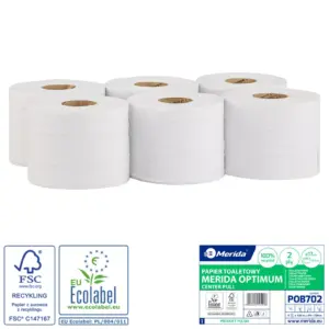 Papier toaletowy center-pull Merida Optimum POB702, biały, z makulatury; 2-warstwowy, gofrowany, perforowany; 120 m, Ø17 cm; 6 rolek.