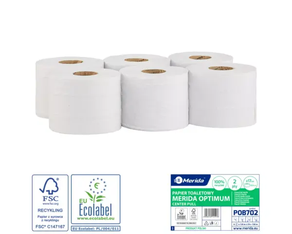 Papier toaletowy center-pull Merida Optimum POB702, biały, z makulatury; 2-warstwowy, gofrowany, perforowany; 120 m, Ø17 cm; 6 rolek.