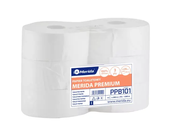 Papier toaletowy MERIDA PREMIUM, biały, średnica 23 cm, długość 200 m, trzywarstwowy, zgrzewka 6 szt. Papier toaletowy Merida Premium PPB101, biały, 3-warstwowy; 200 m (Ø 23 cm), pakiet 6 szt.