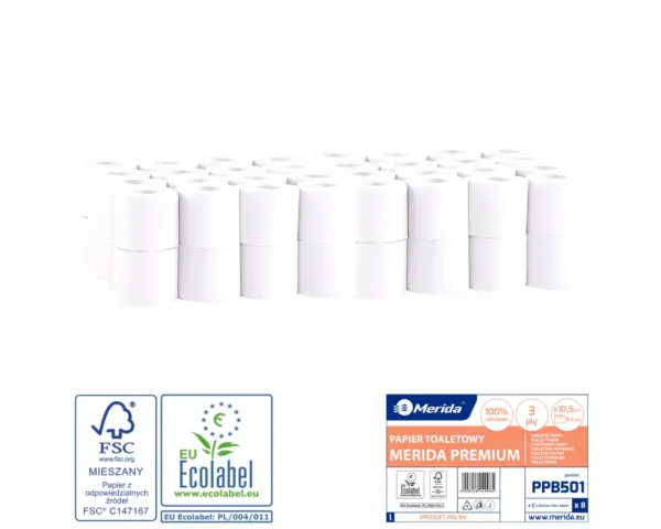 Papier toaletowy Merida Premium PPB501 – biały trzywarstwowy, 27,5 m, 64 rolki
