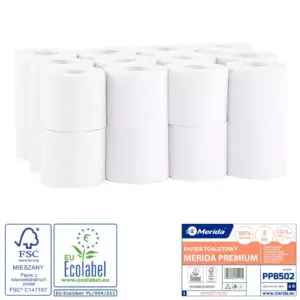 Papier toaletowy Merida Premium biały – opakowanie 24 rolki, trzywarstwowy, 50 metrów