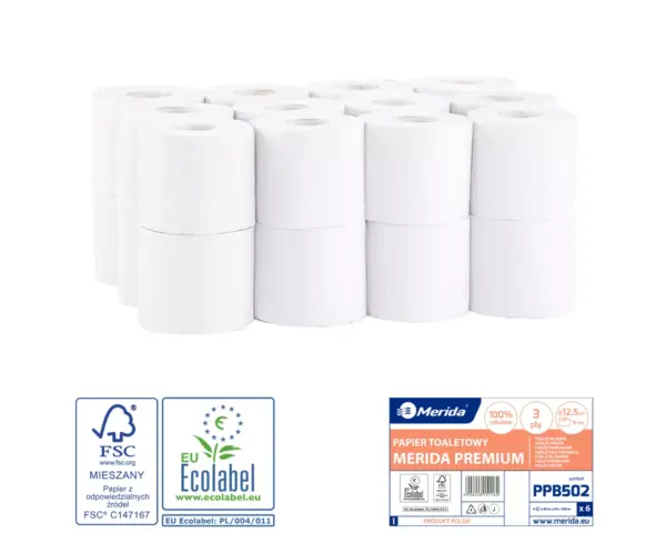 Papier toaletowy Merida Premium biały – opakowanie 24 rolki, trzywarstwowy, 50 metrów