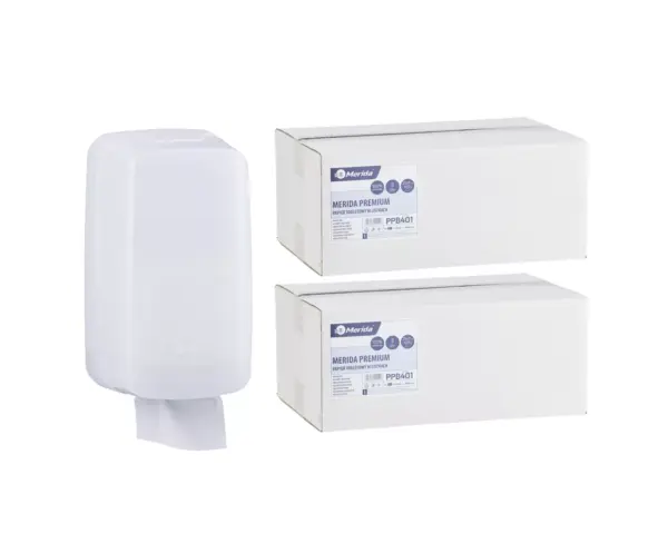 Pojemnik na papier toaletowy w listkach MERIDA HARMONY za 1 zł netto przy zakupie 2 kartonów papierów toaletowych MERIDA PREMIUM PPB401 (9 600 listków)
