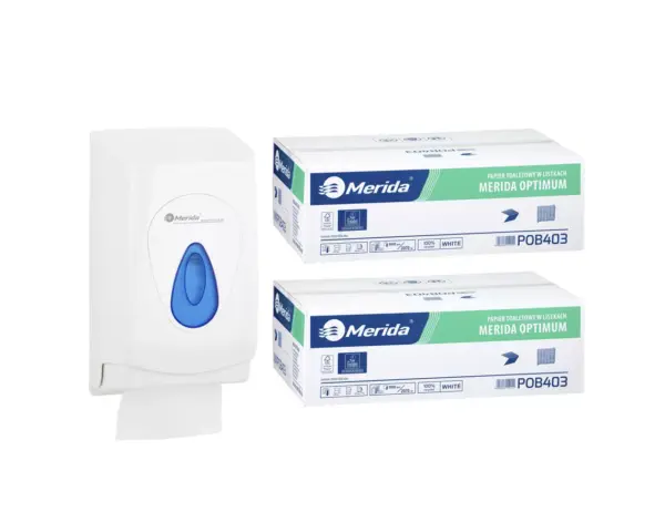 Pojemnik na papier toaletowy w listkach MERIDA TOP za 1 zł netto przy zakupie 2 kartonów papierów toaletowych MERIDA OPTIMUM POB403 (18 000 listków)