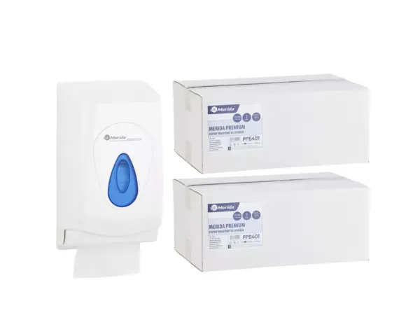 Pojemnik na papier toaletowy w listkach MERIDA TOP za 1 zł netto przy zakupie 2 kartonów papierów toaletowych MERIDA PREMIUM PPB401 (9 600 listków) Pojemnik na papier toaletowy w listkach MERIDA TOP za 1 zł netto przy zakupie 2 kartonów papierów toaletowych MERIDA PREMIUM PPB401 (9 600 listków)