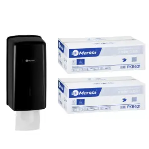 Pojemnik na papier toaletowy w listkach MERIDA ONE za 1 zł netto przy zakupie 2 kartonów papierów toaletowych MERIDA CLASSIC PKB401 (18 000 listków)
