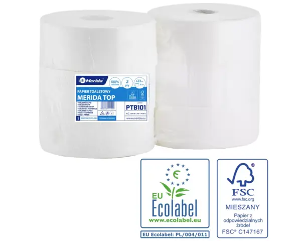 Papier toaletowy MERIDA TOP, biały, średnica 23 cm, długość 245 m, dwuwarstwowy, zgrzewka 6 szt., ECOLABEL Papier toaletowy Merida Top, biały, 100% celulozy; dwuwarstwowy, gofrowany, perforowany; 245 m, Ø 23 cm, tuleja 6 cm; zgrzewka 6 szt.
