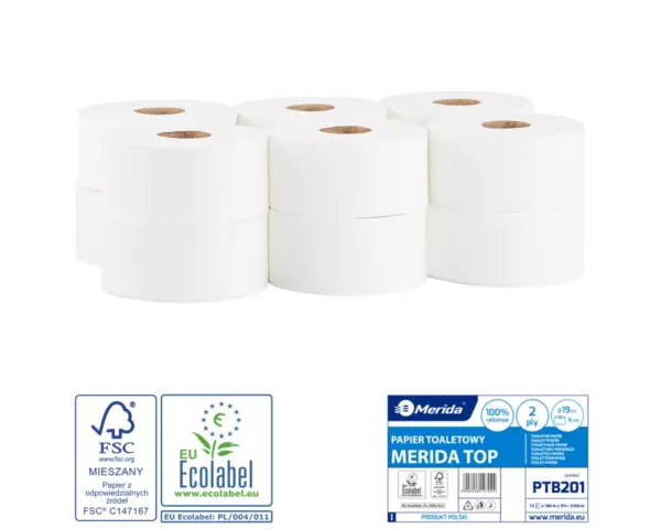Papier toaletowy MERIDA TOP, biały, średnica 19 cm, długość 180 m, dwuwarstwowy, zgrzewka 12 szt., ECOLABEL Papier toaletowy Merida Top, biały, 2-warstwowy, 100% celulozy; 180 m, Ø 19 cm; perforacja 25 cm; 12 szt.