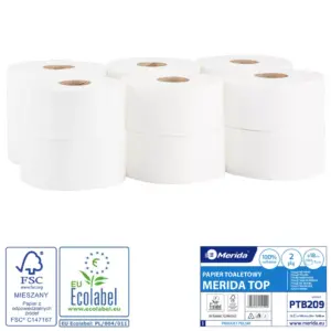 Merida Top PTB209 – biały papier toaletowy 2-warstwowy; 100 m, Ø 18 cm; zgrzewka 12 szt.; FSC, EU Ecolabel, PZH.
