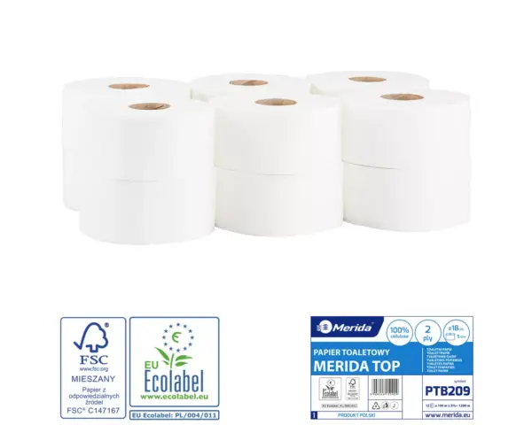 Papier toaletowy MERIDA TOP, biały, średnica 18 cm, długość 100 m, dwuwarstwowy, zgrzewka 12 szt., ECOLABEL Merida Top PTB209 – biały papier toaletowy 2-warstwowy; 100 m, Ø 18 cm; zgrzewka 12 szt.; FSC, EU Ecolabel, PZH.