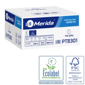 Papier toaletowy bez gilzy Merida Top Ecolabel, dwuwarstwowy, biały