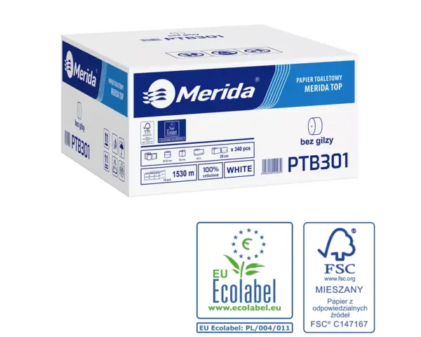 Papier toaletowy bez gilzy Merida Top Ecolabel, dwuwarstwowy, biały