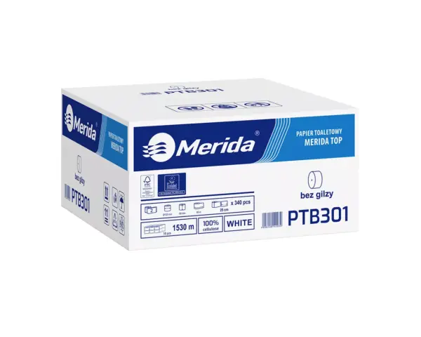 Papier toaletowy bez gilzy, MERIDA TOP ECOLABEL, dwuwarstwowy, biały, średnica 12 cm, długość 85 m, karton 18 rolek Rolka papieru toaletowego bez gilzy, średnica 12 cm, certyfikat FSC